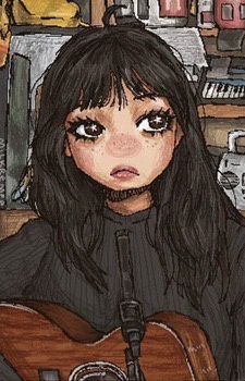 An anime-style illustration of a young woman with large, teary eyes and a sad expression, holding an acoustic guitar in…