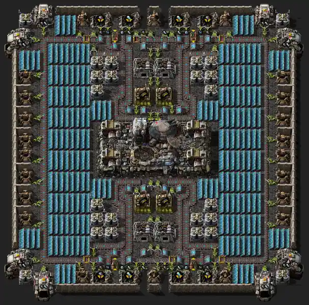 a top-down view of a highly organized, symmetrical, and massive base from the game 'supreme commander', featuring central…