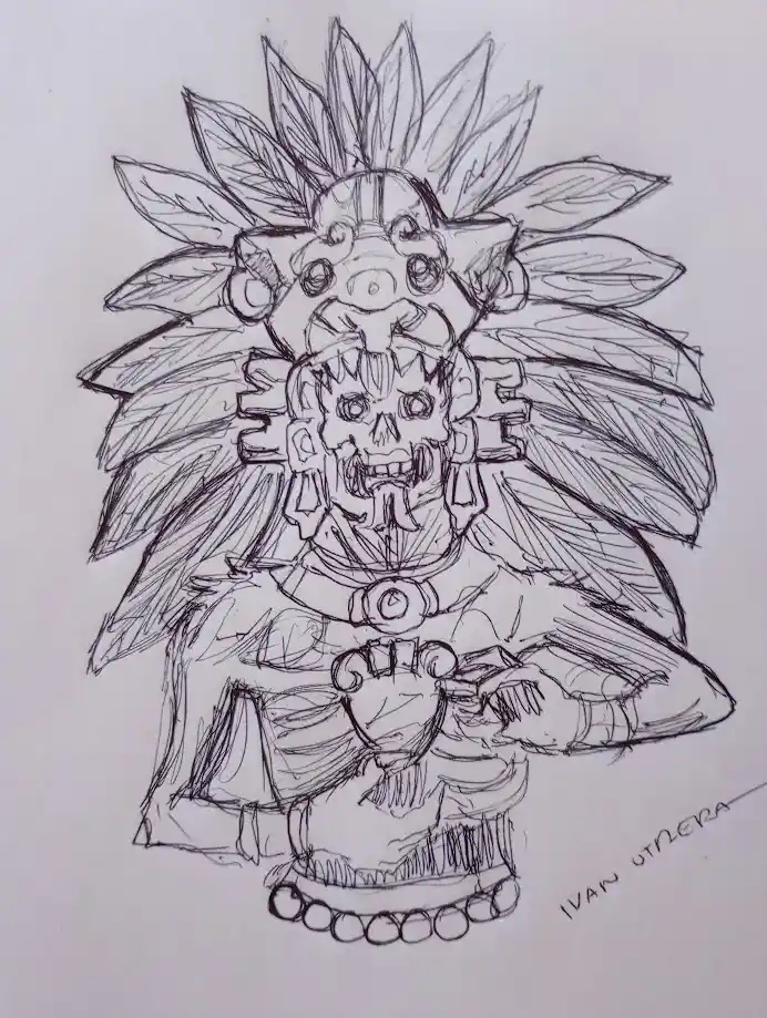 A black-and-white pencil sketch of a stylized, menacing figure resembling a Mesoamerican deity or warrior, adorned with a…
