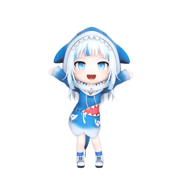 Six panels show a chibi anime girl in a blue shark-themed hoodie with a shark mouth on the hood, white hair, and blue eyes…