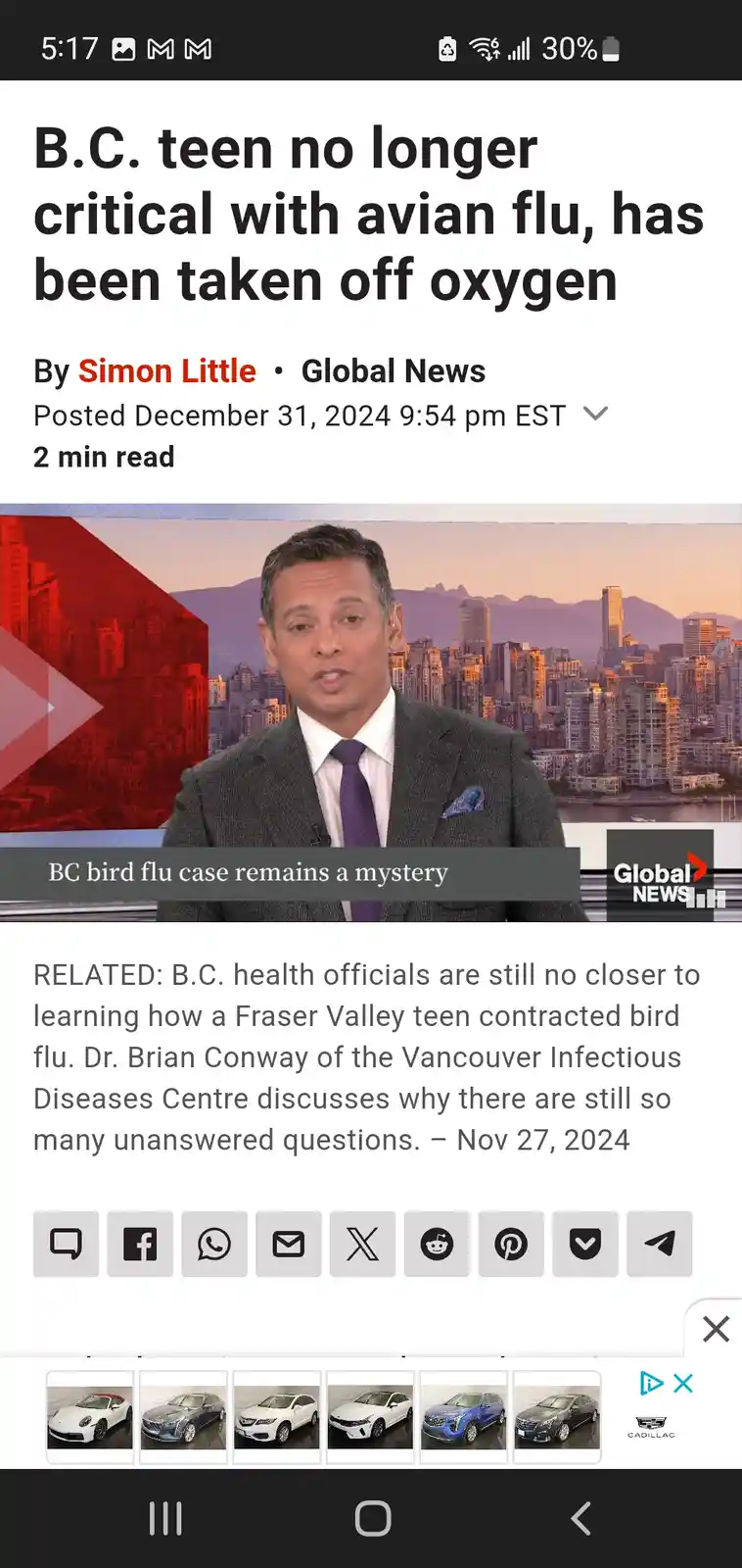 A screenshot of a Global News article headline about a B.C. teen recovering from avian flu, overlaid with a news anchor…
