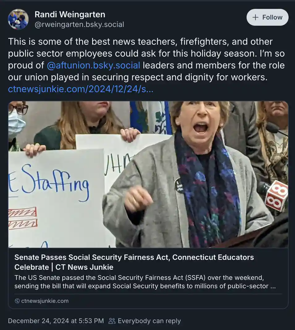 A screenshot of a social media post by Randi Weingarten celebrating a Senate bill that expands Social Security benefits for…