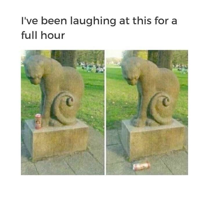 Two side-by-side photos show a stone statue of a cat-like creature on a pedestal. In the left photo, a red soda can sits…