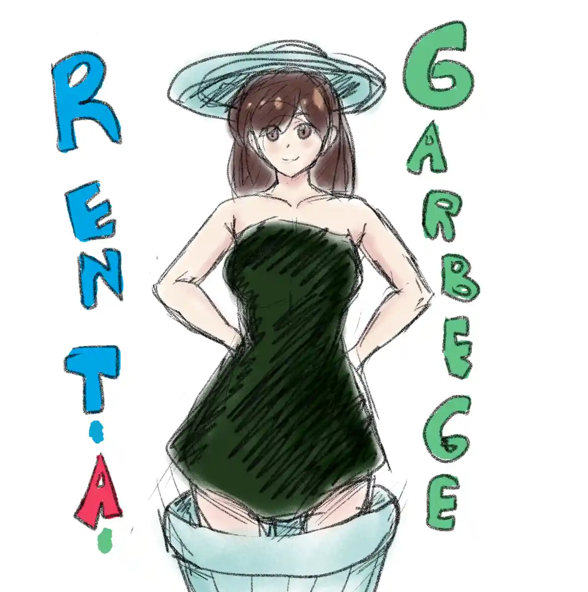 An anime-style illustration of a woman with brown hair and a wide-brimmed hat, wearing a green strapless top and light blue…