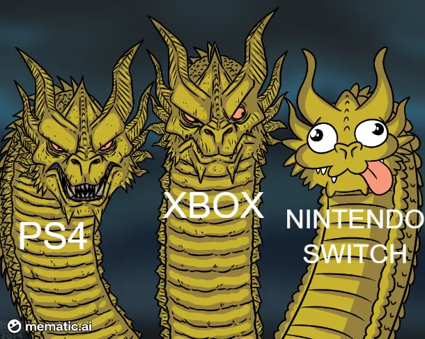 Three cartoonish yellow dragons stand side by side against a dark background. The left dragon, labeled 'PS4', has a menacing…