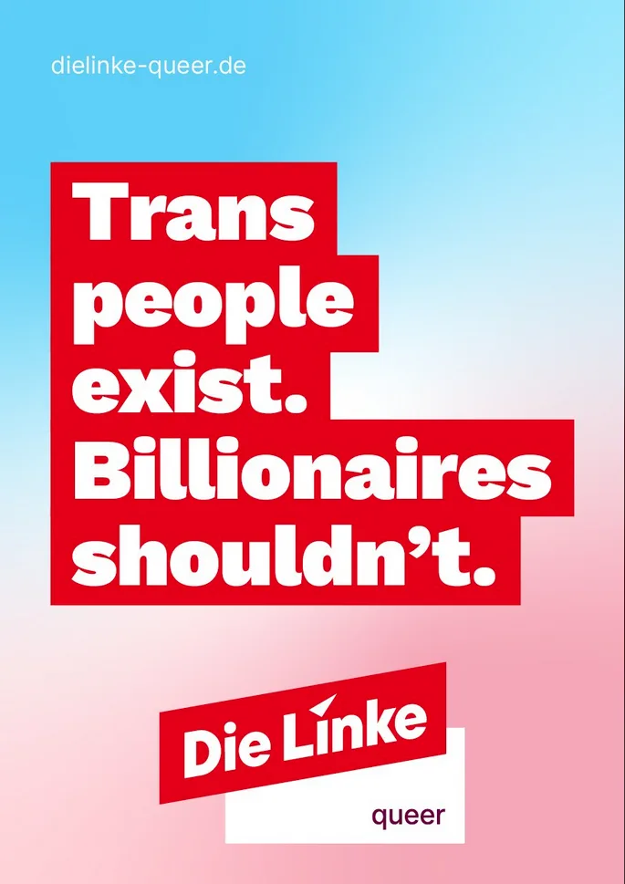 A political poster with a blue-to-pink gradient background. A large red block contains the white text 'Trans people exist…