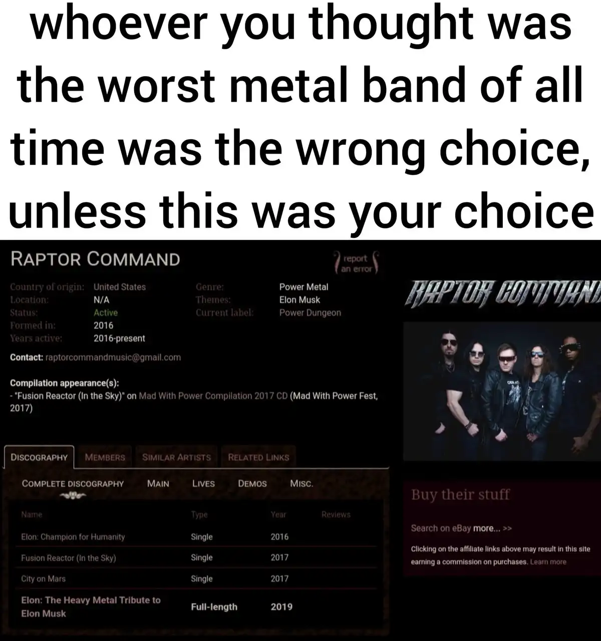 The image displays a screenshot of a music band's page from a database, showing the band 'Raptor Command' with a photo of…