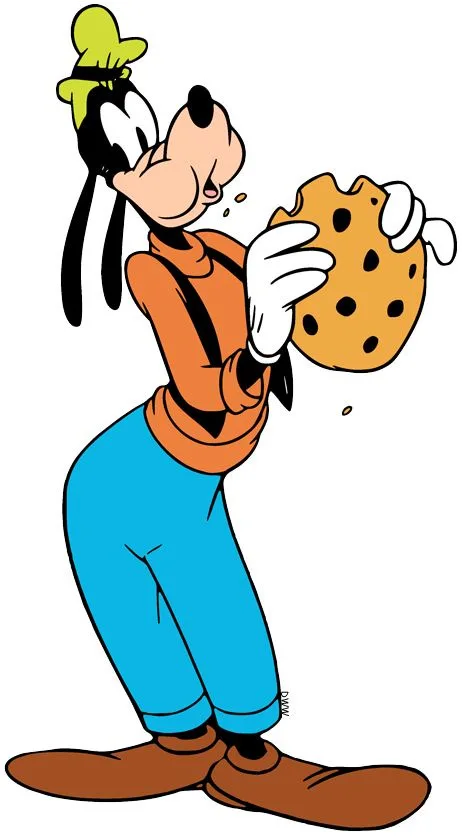 A classic cartoon illustration of Goofy, wearing his signature orange shirt, blue pants, and green hat, enthusiastically…
