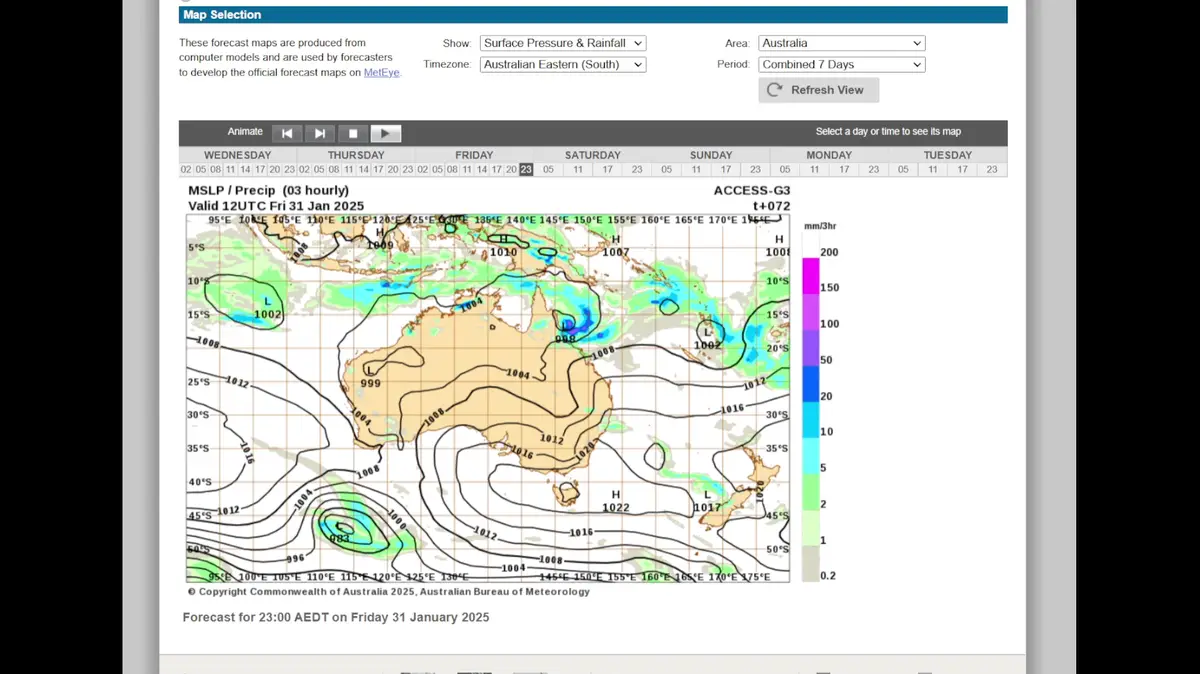A weather map from the Australian Bureau of Meteorology showing surface pressure and rainfall forecasts for Australia on…