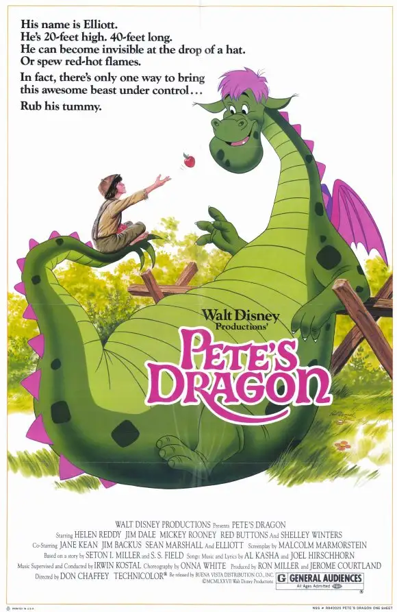 A vintage Walt Disney movie poster for 'Pete's Dragon' shows a large green dragon named Elliott with purple spikes and…