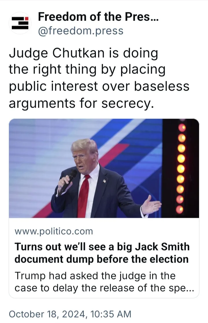 A screenshot of a tweet from @freedom.press shows a photo of Donald Trump speaking into a microphone on a stage with red…