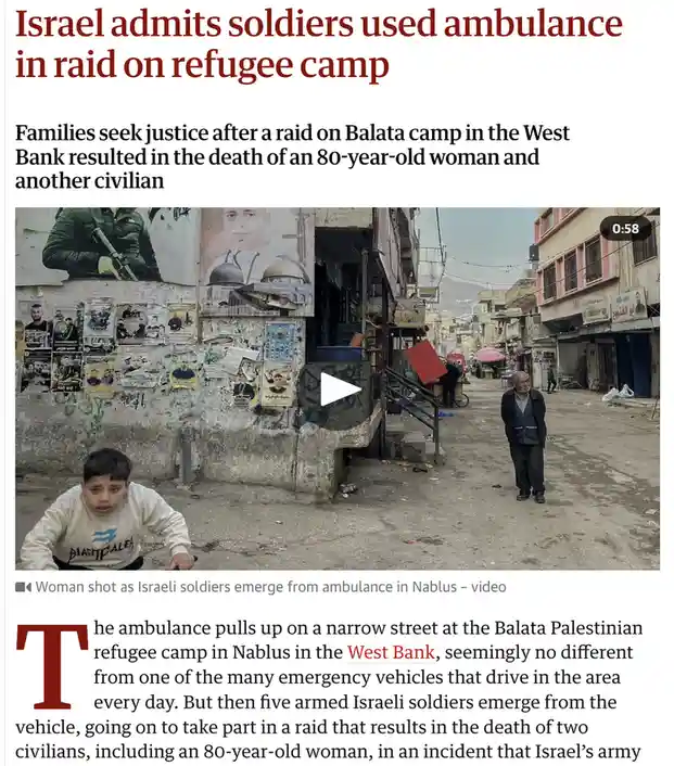 A news article screenshot shows a video thumbnail of a narrow street in a refugee camp with posters on a wall, a young boy…