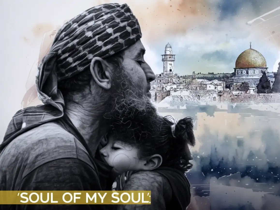 A black-and-white photo shows a man with a patterned headscarf holding a young child close, both looking toward a…