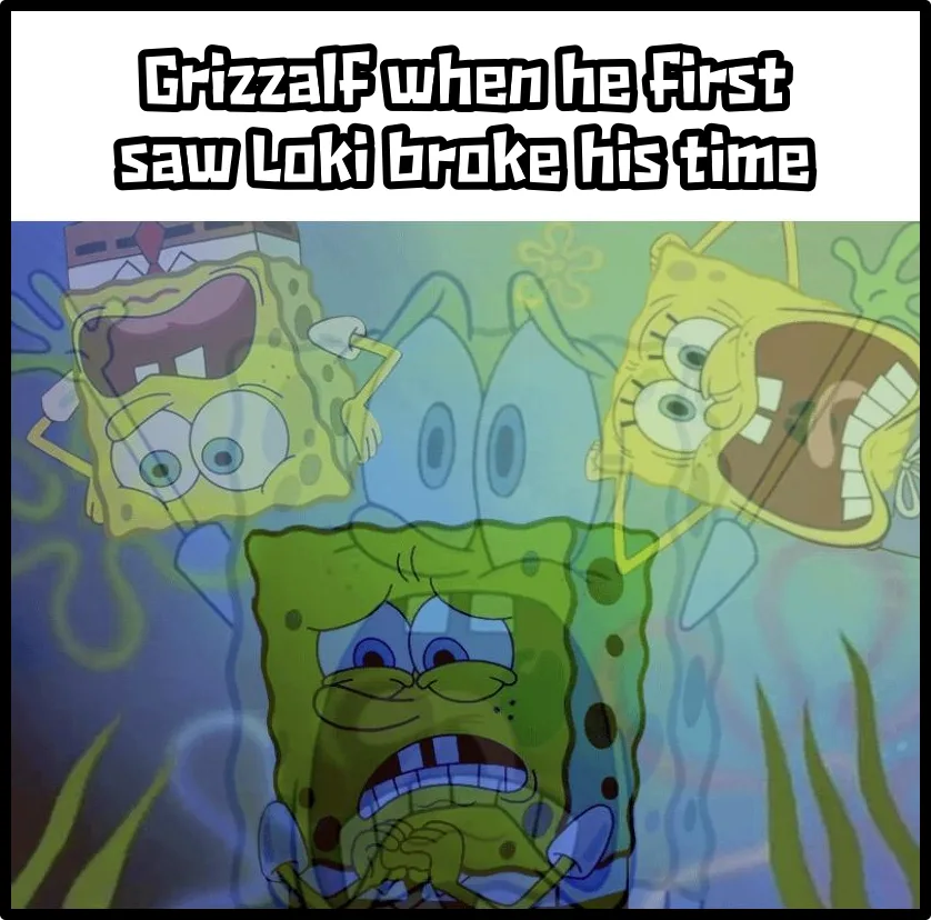 The image shows three versions of SpongeBob SquarePants: one in the center looking terrified with a grimace, and two others…