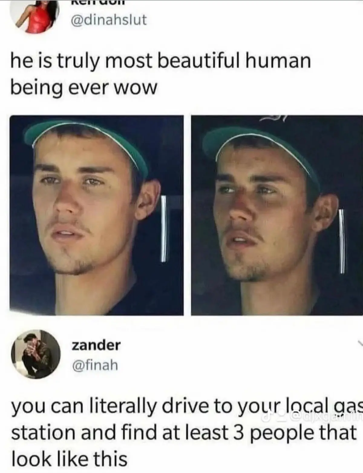 The image displays two side-by-side photos of a young man with a green baseball cap, showing a slightly surprised or blank…