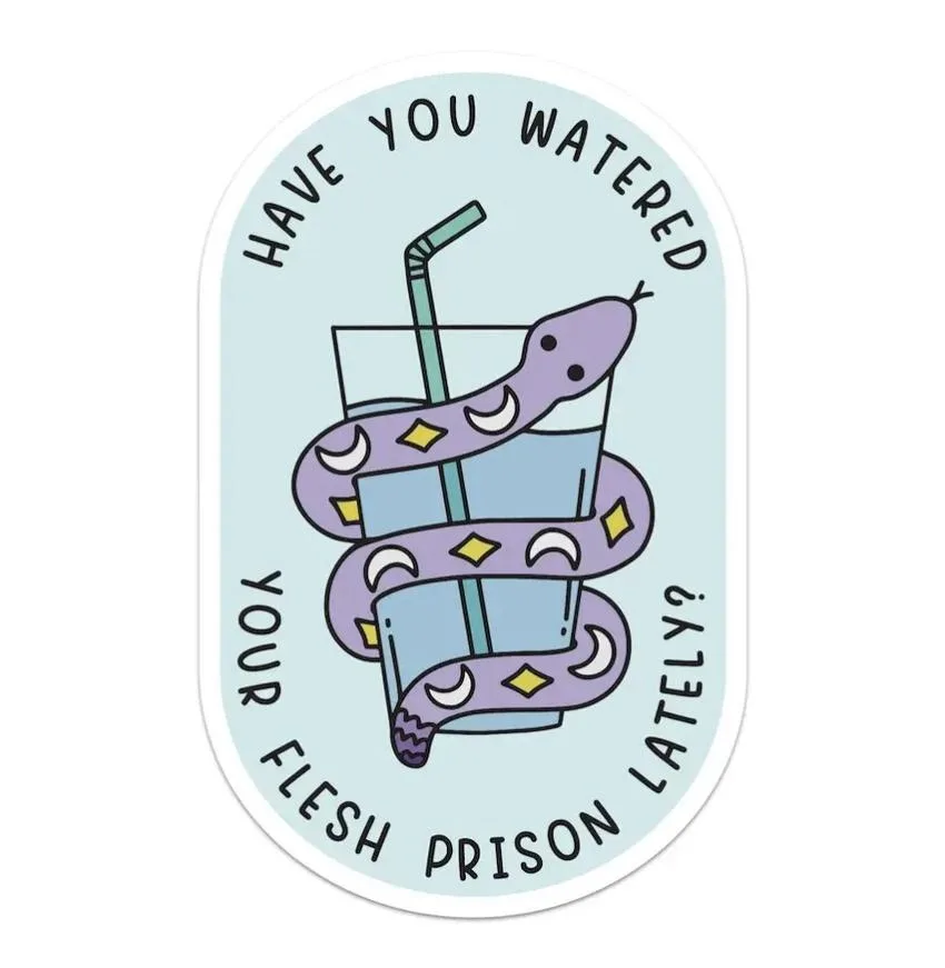 A cartoon illustration of a purple snake with crescent moon and diamond patterns wrapped around a glass of water with a…
