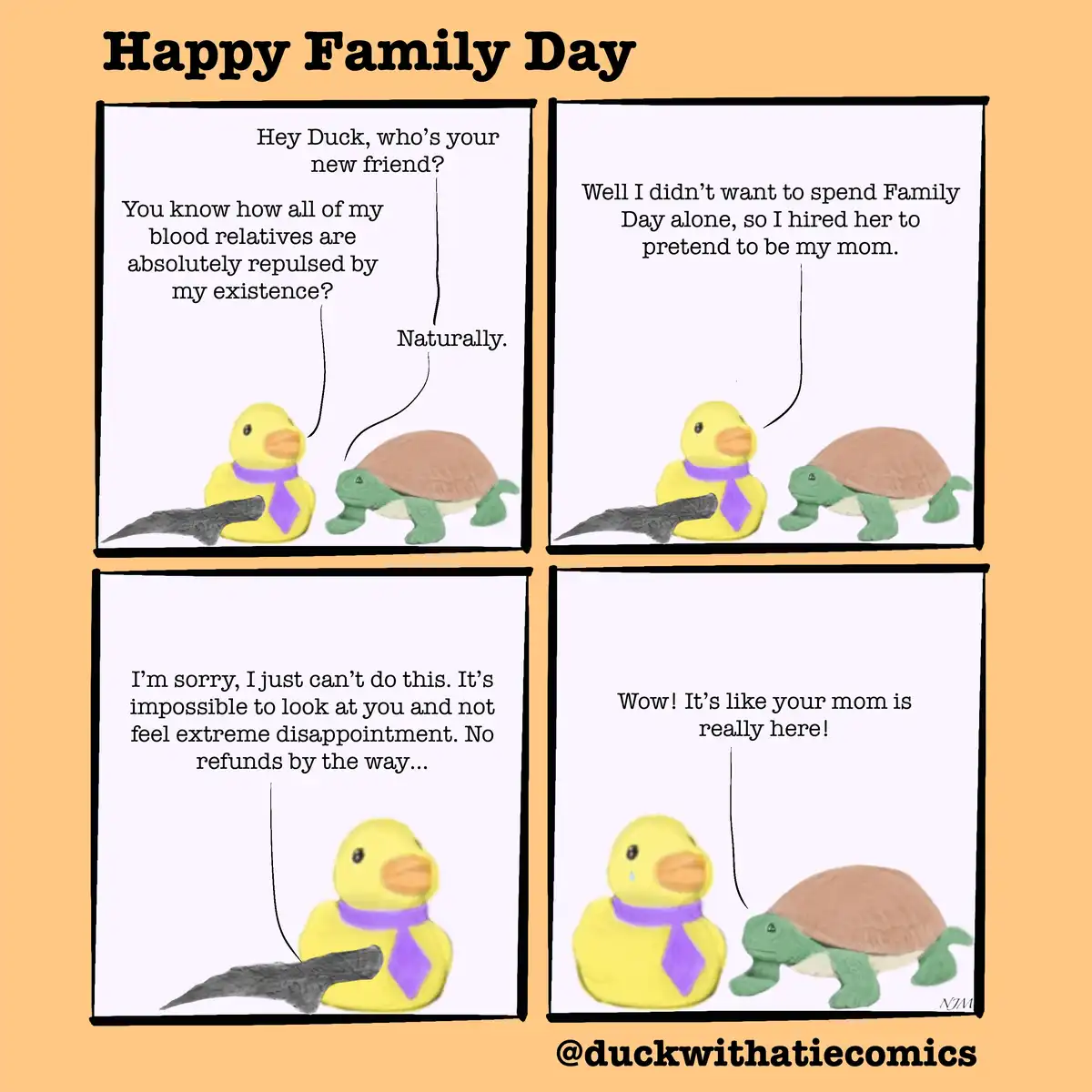A four-panel comic titled 'Happy Family Day' featuring a yellow rubber duck and a green turtle. The duck explains it hired…