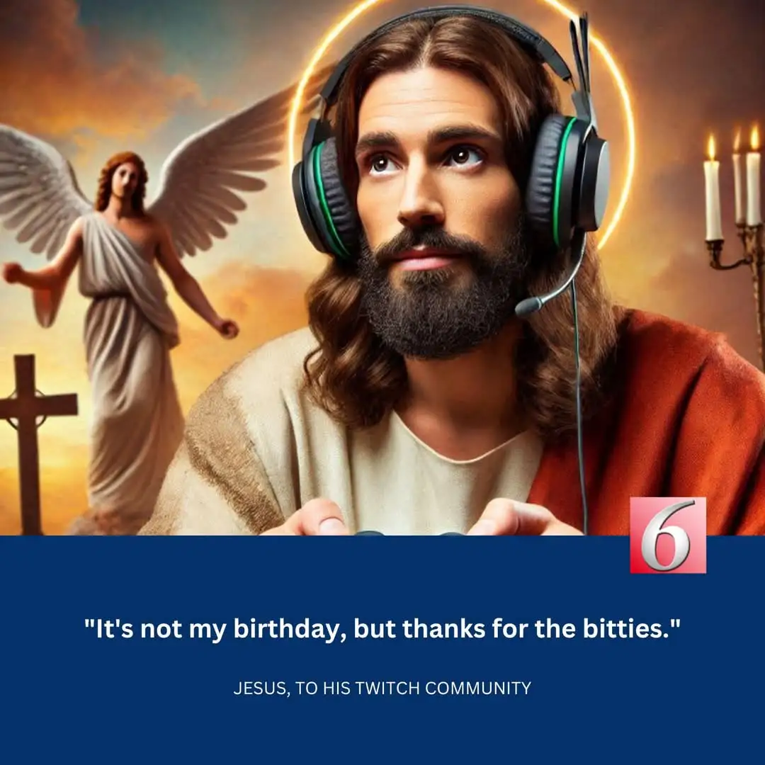 A digitally altered image shows a man resembling Jesus with long brown hair and a beard, wearing modern gaming headphones…