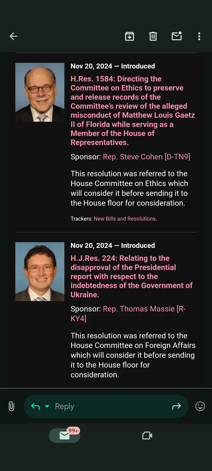 A screenshot of a messaging app showing two U.S. House of Representatives resolutions introduced on Nov 20, 2024. The first…