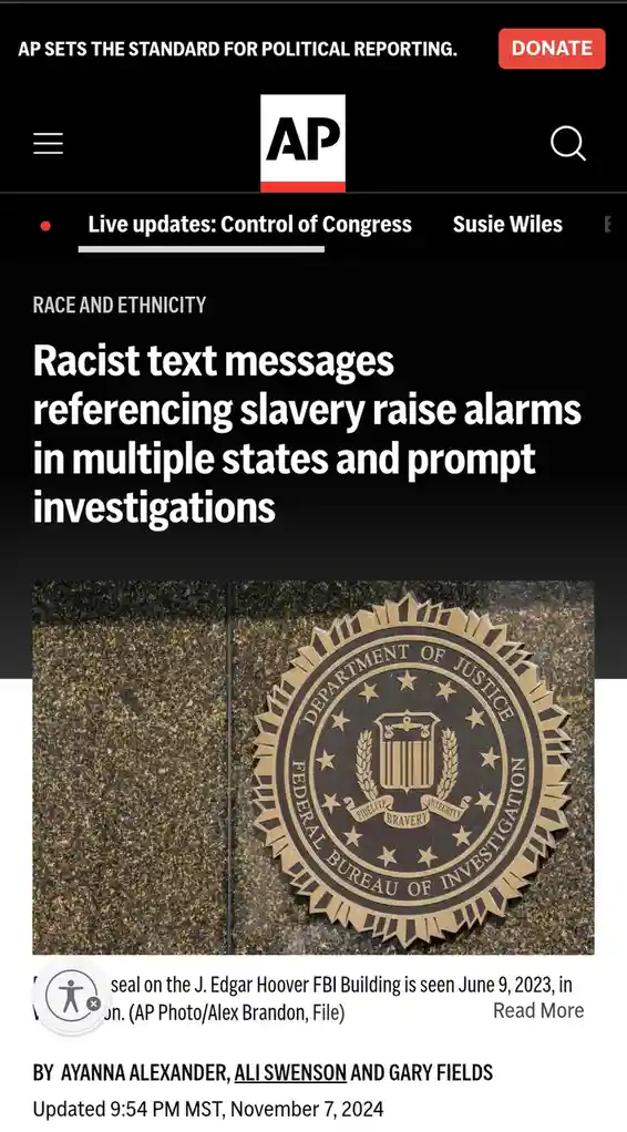 An Associated Press news article screenshot shows a headline about racist text messages prompting FBI investigations, with a…