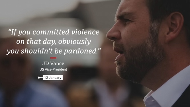 A close-up profile shot of JD Vance, US Vice-President, looking serious while speaking. Overlaid white text quotes him…