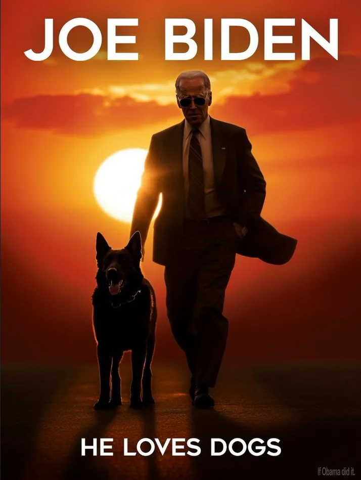 A man in a suit and sunglasses walks confidently with a German Shepherd dog against a dramatic sunset backdrop. Large white…