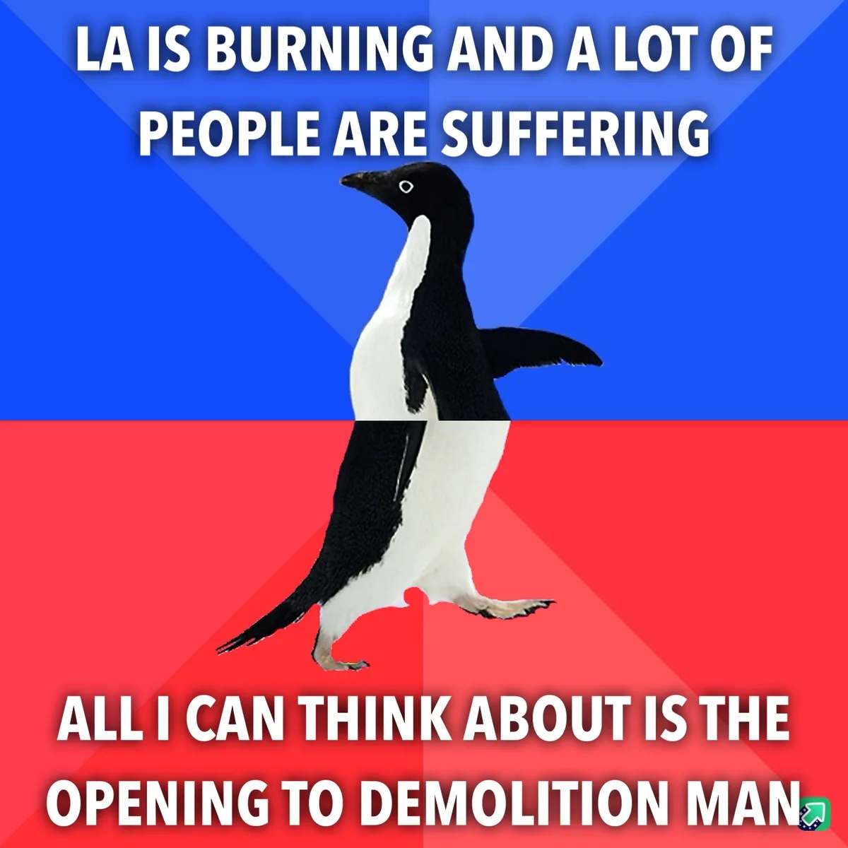 A penguin stands centered against a blue and red background, with white text at the top stating 'LA IS BURNING AND A LOT OF…