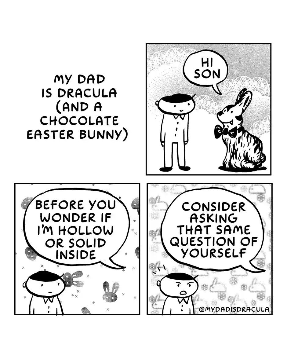 A four-panel comic titled 'MY DAD IS DRACULA (AND A CHOCOLATE EASTER BUNNY)'. Panel 1: A vampire bunny in a bowtie greets a…