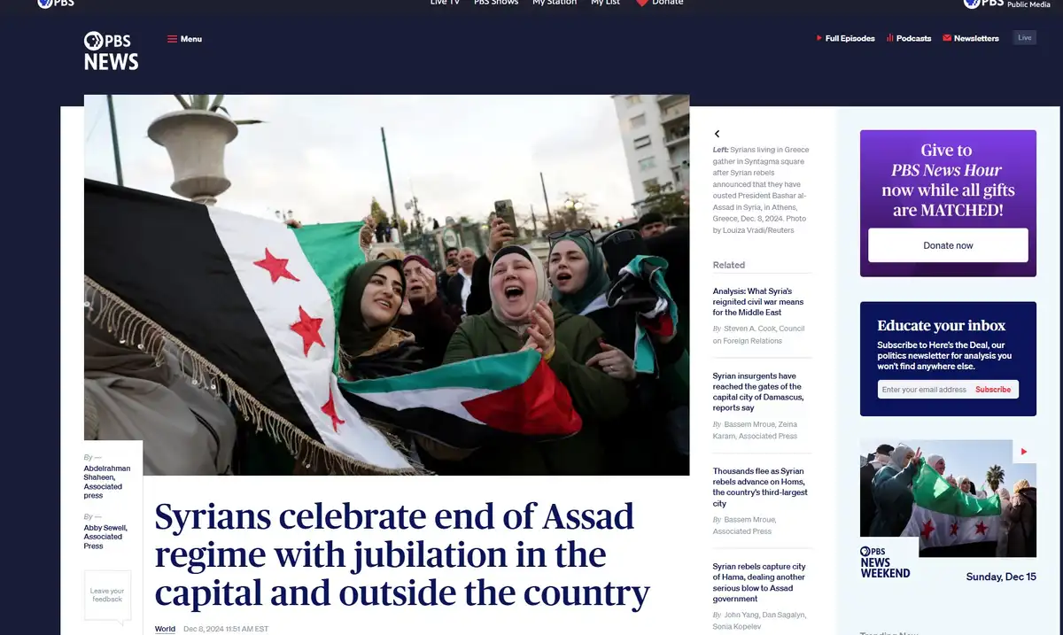 A screenshot of a PBS News article shows Syrian refugees and diaspora celebrating in Athens, Greece, holding Syrian…