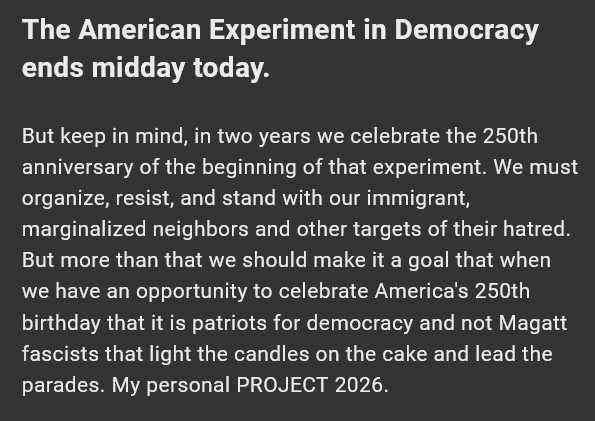 A dark gray background displays a block of white text that reads: 'The American Experiment in Democracy ends midday today…