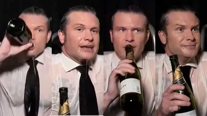 A man in a white shirt and black tie is shown in four sequential panels drinking from a bottle, his facial expressions…