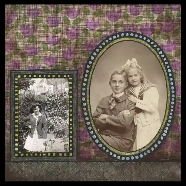 Two vintage-style photographs are displayed on a floral-patterned background. The larger, oval photo shows a young boy and…