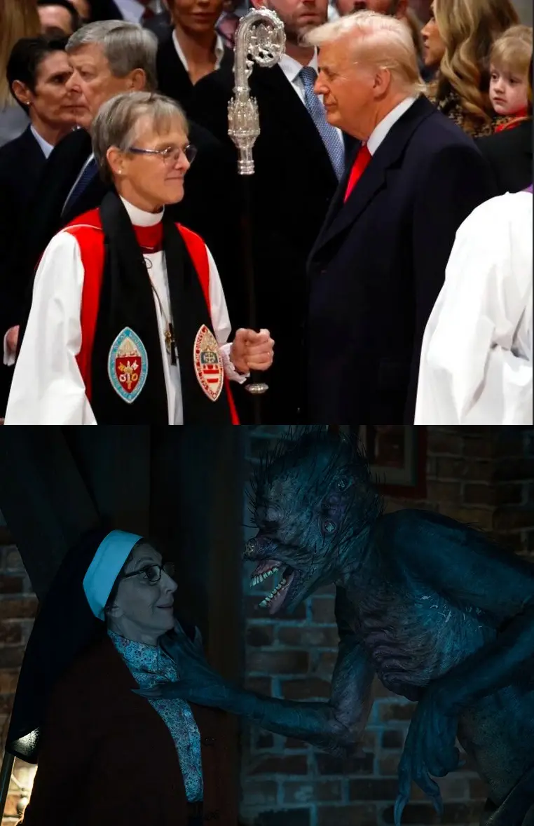 The top panel shows a woman in clerical robes holding a staff while facing Donald Trump at what appears to be a religious…