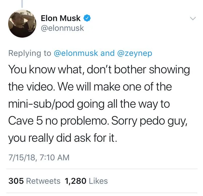 A screenshot of a 2018 tweet from Elon Musk's verified Twitter account, showing his reply to a user. The tweet reads: 'You…