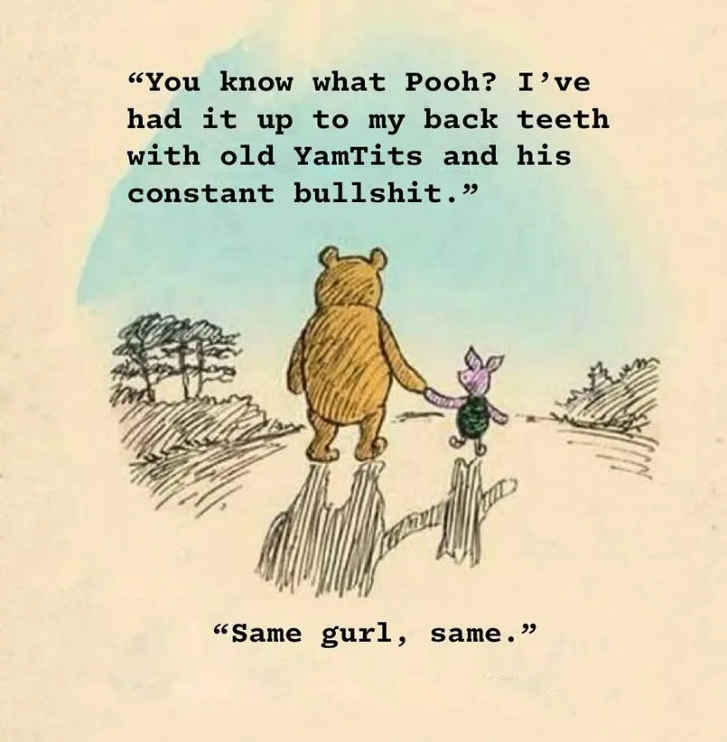 A classic Winnie the Pooh illustration shows the bear and Piglet walking away from the viewer, holding hands, with a…