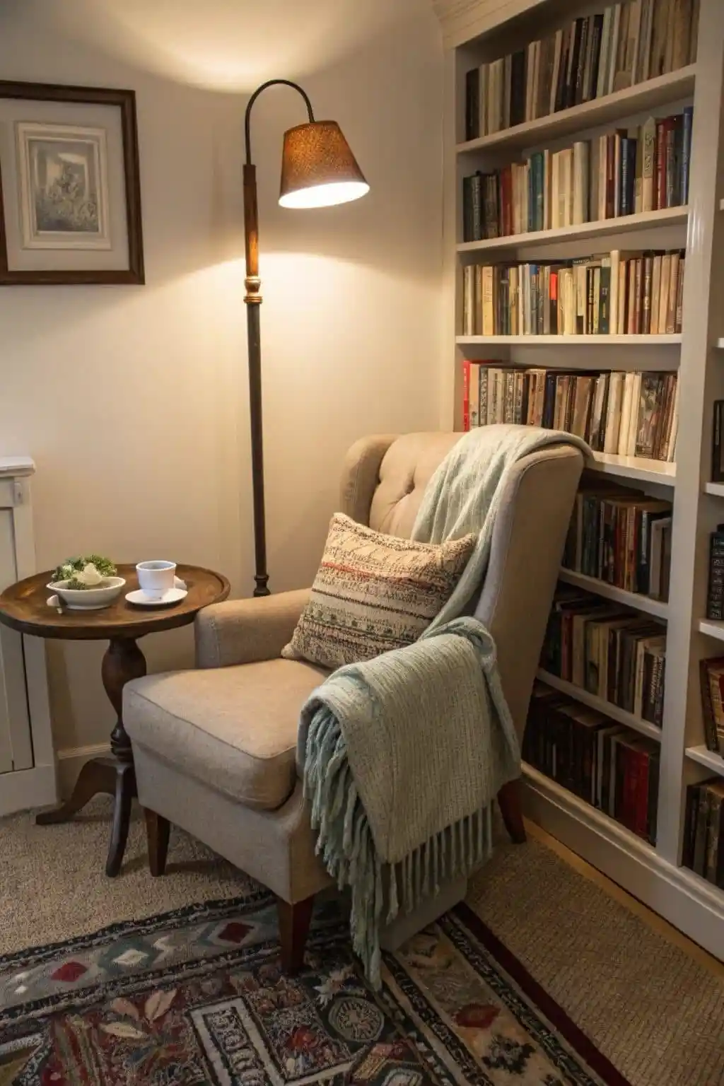 A cozy reading nook features a beige armchair draped with a light green blanket and patterned pillow, positioned beside a…