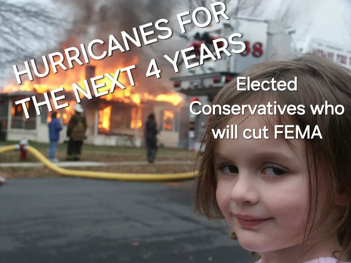 A young girl with a smug, self-satisfied smile is superimposed over a background of a house engulfed in flames with…