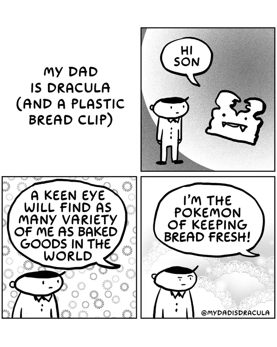 A four-panel comic strip where a boy's dad, depicted as a cartoon vampire, introduces himself as 'Dracula (and a plastic…