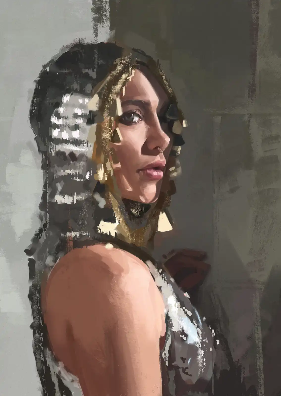 A digital painting shows a woman in profile, her face partially obscured by glitchy, pixelated distortion that reveals a…