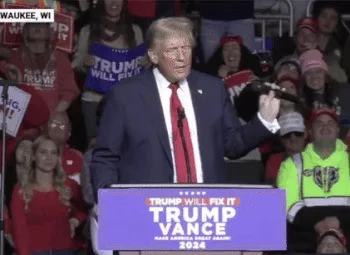 A six-panel image sequence shows Donald Trump at a 2024 campaign rally in Waukee, WI, behind a purple podium that reads…