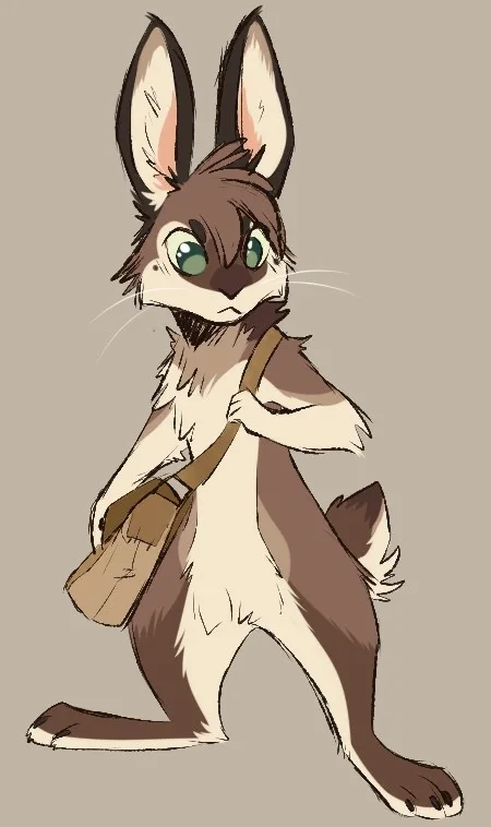 An anthropomorphic rabbit with brown and white fur, large green eyes, and long ears stands upright holding a brown satchel…