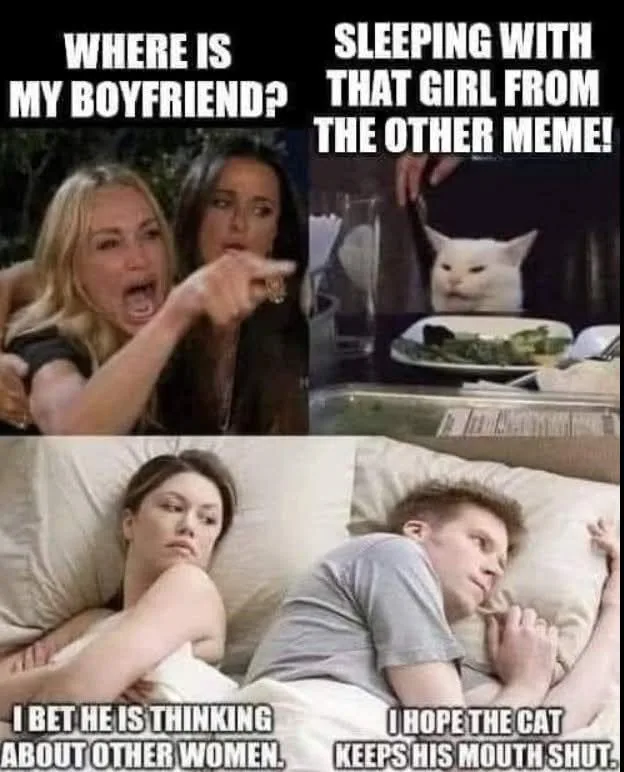 The meme is split into four panels. Top left: A woman yelling 'WHERE IS MY BOYFRIEND?' while pointing. Top right: A white…