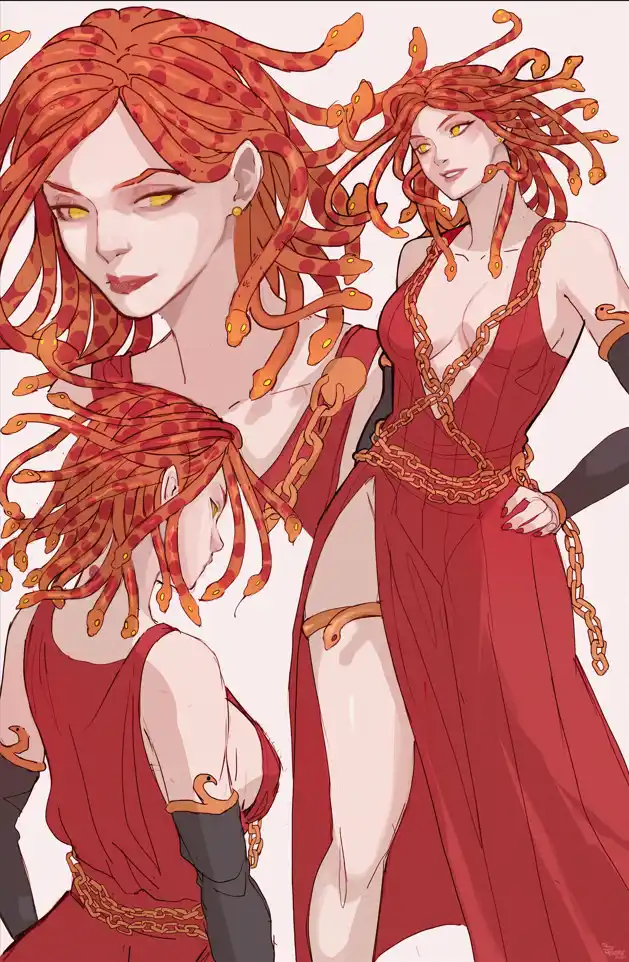 An anime-style illustration shows three depictions of the mythological Medusa, each with her signature snake-haired head…