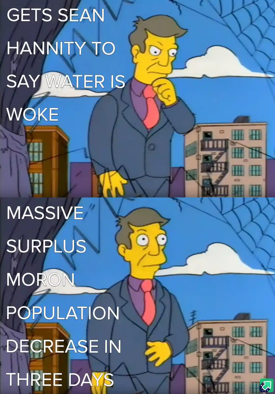 The image shows two panels of a cartoon man in a suit, looking thoughtful in the top panel and then shocked in the bottom…