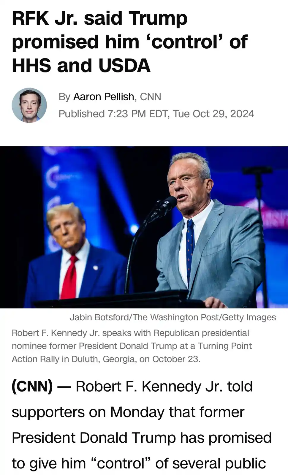 A screenshot of a CNN news article shows Robert F. Kennedy Jr. speaking at a podium with Donald Trump visible in the…