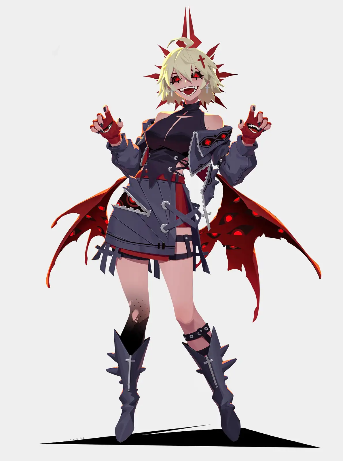 An anime-style illustration of a blonde-haired female character with red eyes, devil horns, and red bat-like wings. She…