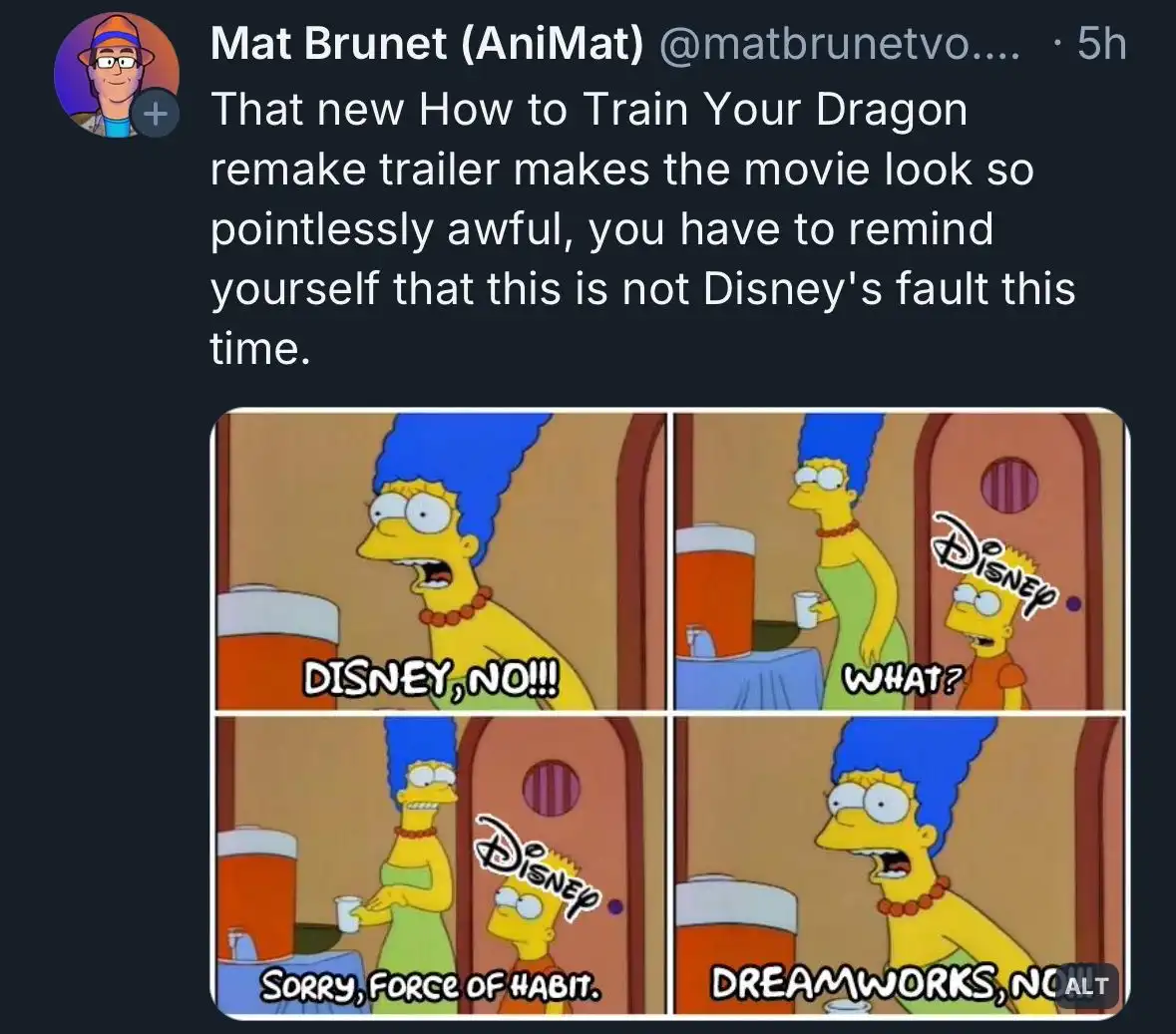 A four-panel Simpsons meme shows Marge yelling 'DISNEY, NO!!!' as Bart looks confused. In the next panel, Bart says 'WHAT?'…