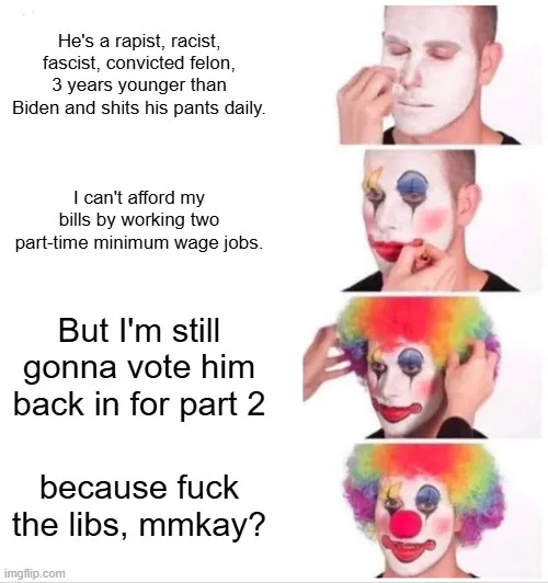 A four-panel image shows a man progressively applying clown makeup, starting with white face paint, then adding eye makeup…