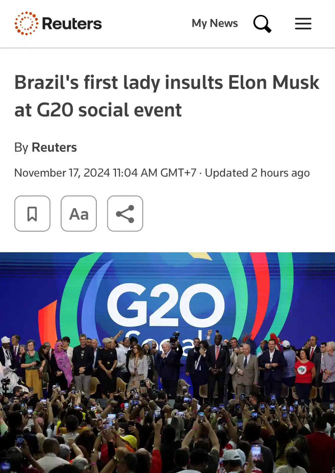 A screenshot of a Reuters news article dated November 17, 2024, with the headline 'Brazil's first lady insults Elon Musk at…