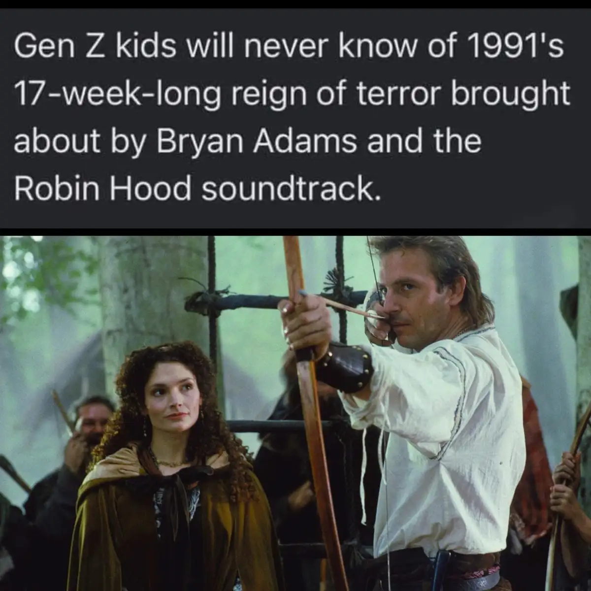 The image shows a scene from the 1991 movie 'Robin Hood: Prince of Thieves,' featuring actor Kevin Costner as Robin Hood…